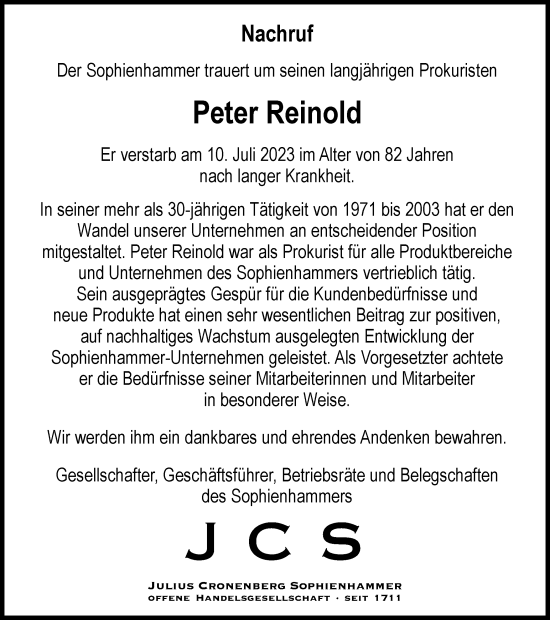 Traueranzeige von Peter Reinold von Tageszeitung