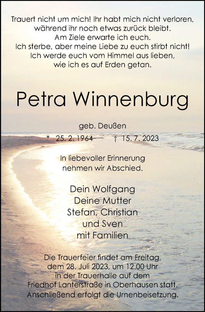  Traueranzeige für Petra Winnenburg vom 22.07.2023 aus Tageszeitung