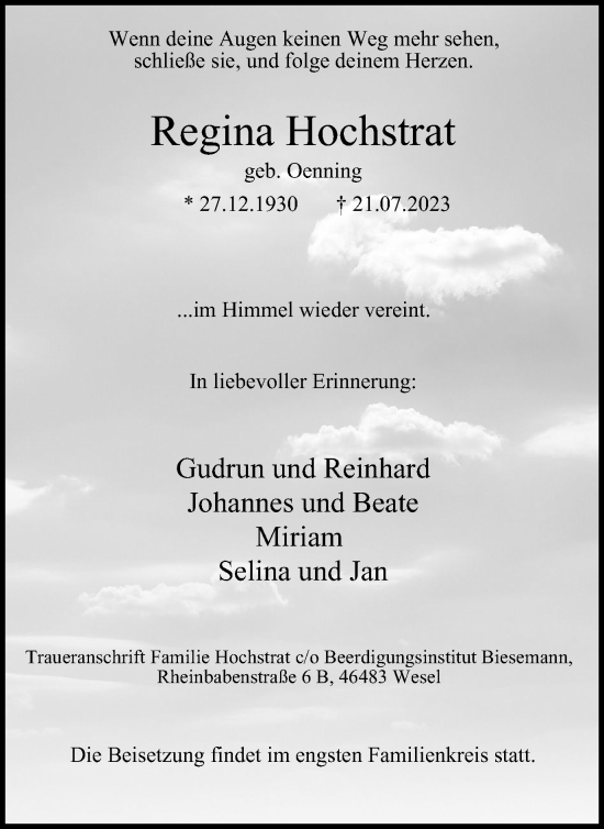 Traueranzeige von Regina Hochstrat von Tageszeitung