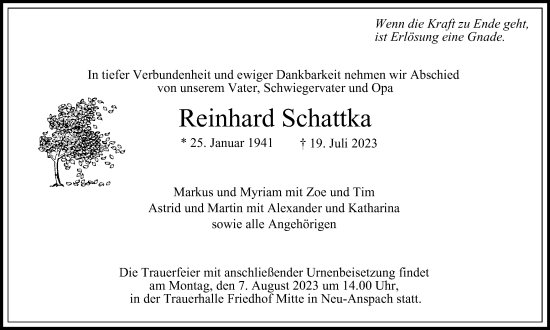 Traueranzeige von Reinhard Schattka von Tageszeitung
