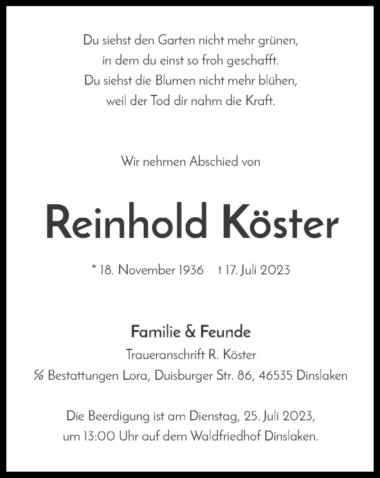 Traueranzeige von Reinhold Köster von Tageszeitung