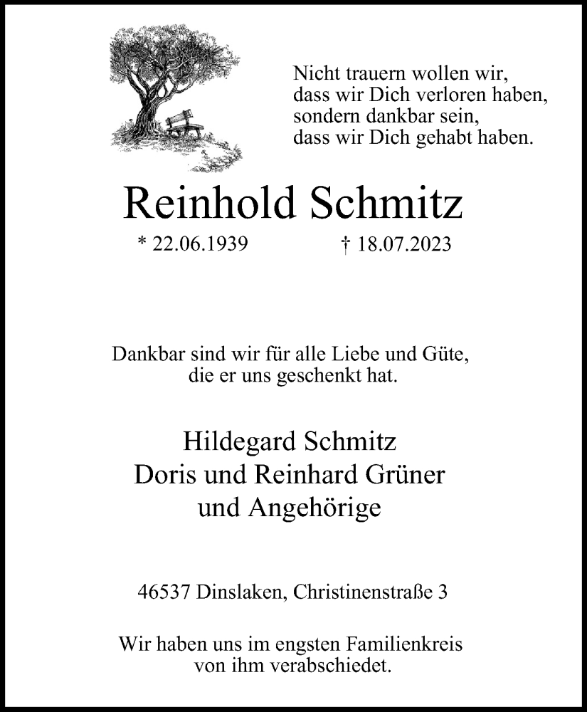  Traueranzeige für Reinhold Schmitz vom 29.07.2023 aus Tageszeitung