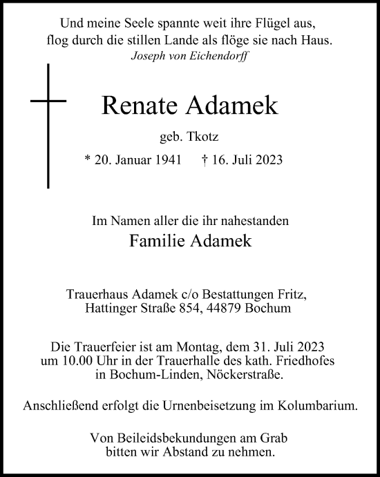 Traueranzeige von Renate Adamek von Tageszeitung