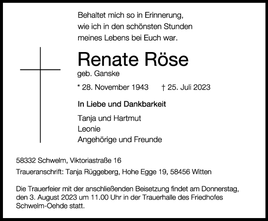 Traueranzeige von Renate Röse von Tageszeitung