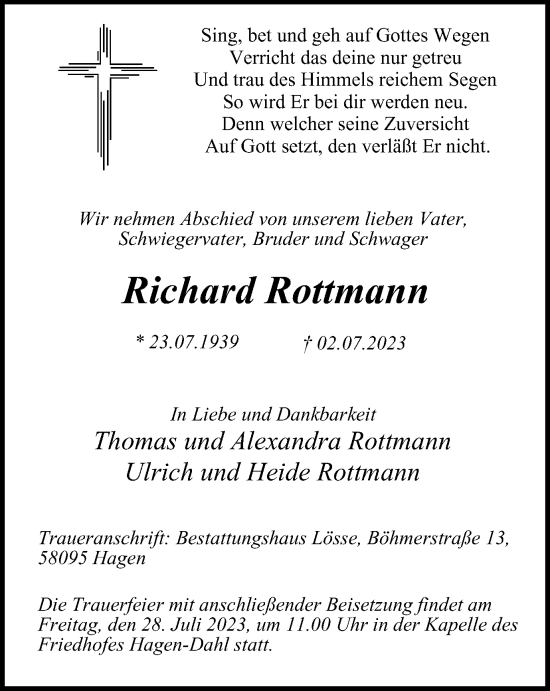 Traueranzeige von Richard Rottmann von Tageszeitung
