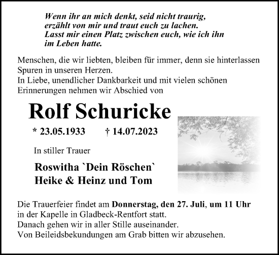 Traueranzeige von Rolf Schuricke von Tageszeitung