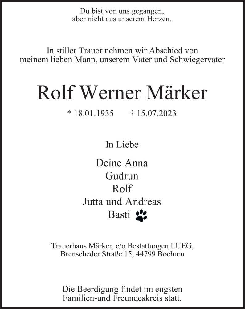  Traueranzeige für Rolf Werner Märker vom 22.07.2023 aus Tageszeitung