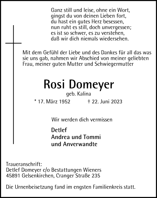 Traueranzeige von Rosi Domeyer von Tageszeitung