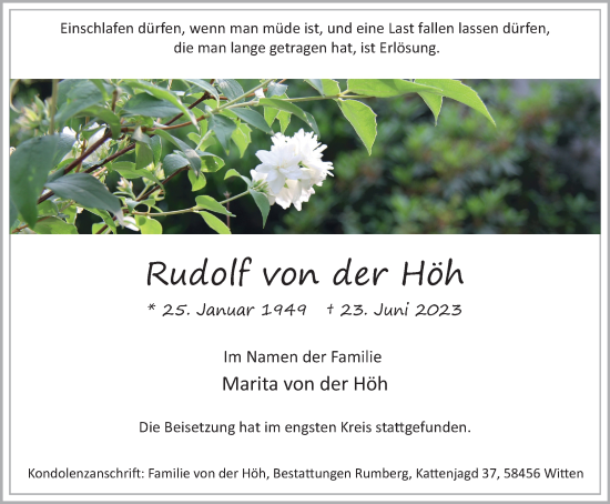 Traueranzeige von Rudolf  von der Höhe von Tageszeitung