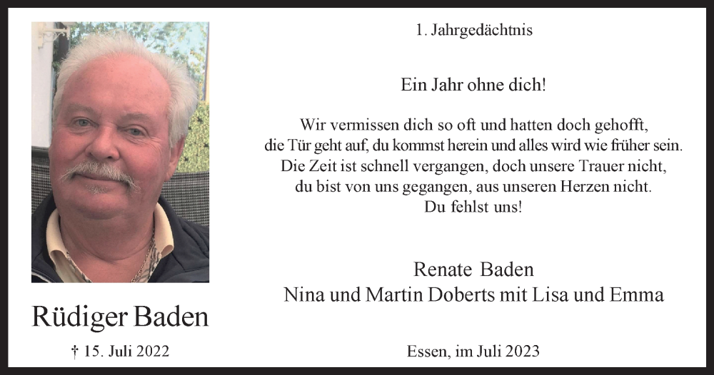  Traueranzeige für Rüdiger Baden vom 15.07.2023 aus Tageszeitung