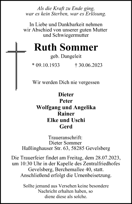 Traueranzeige von Ruth Sommer von Tageszeitung