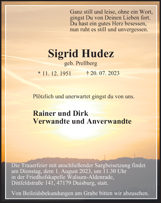 Traueranzeige von Sigrid Hudez von Tageszeitung