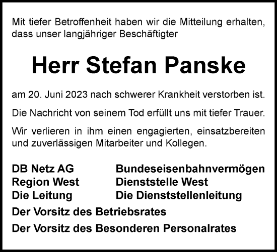 Traueranzeige von Stefan Panske von Tageszeitung