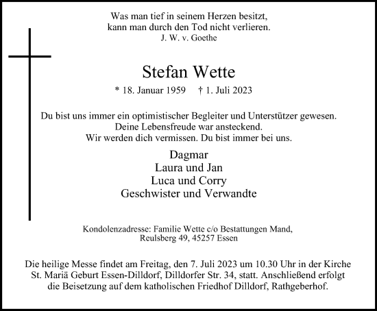 Traueranzeige von Stefan Wette von Tageszeitung