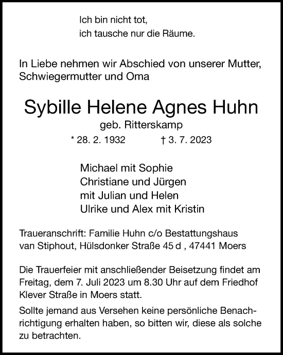 Traueranzeige von Sybille Helene Agnes Huhn von Tageszeitung