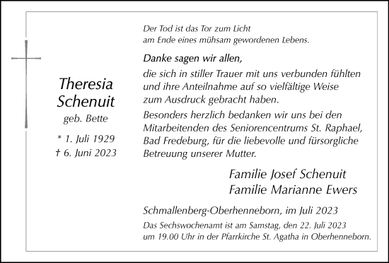 Traueranzeige von Theresia Schenuit von Tageszeitung