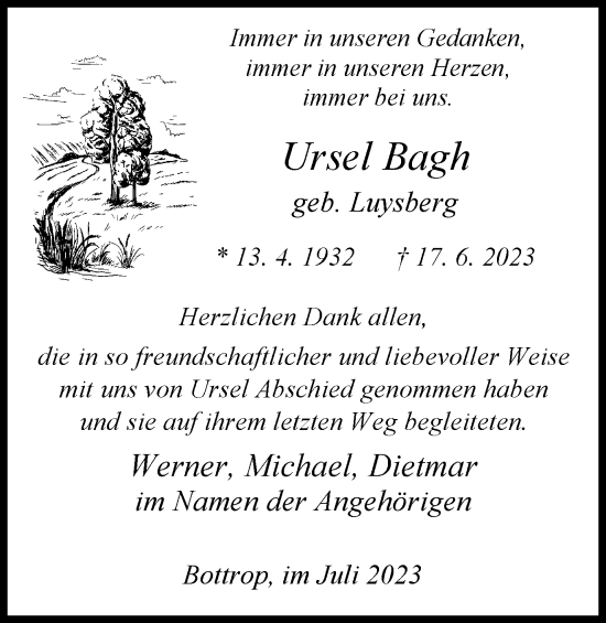 Traueranzeige von Ursel Bagh von Tageszeitung