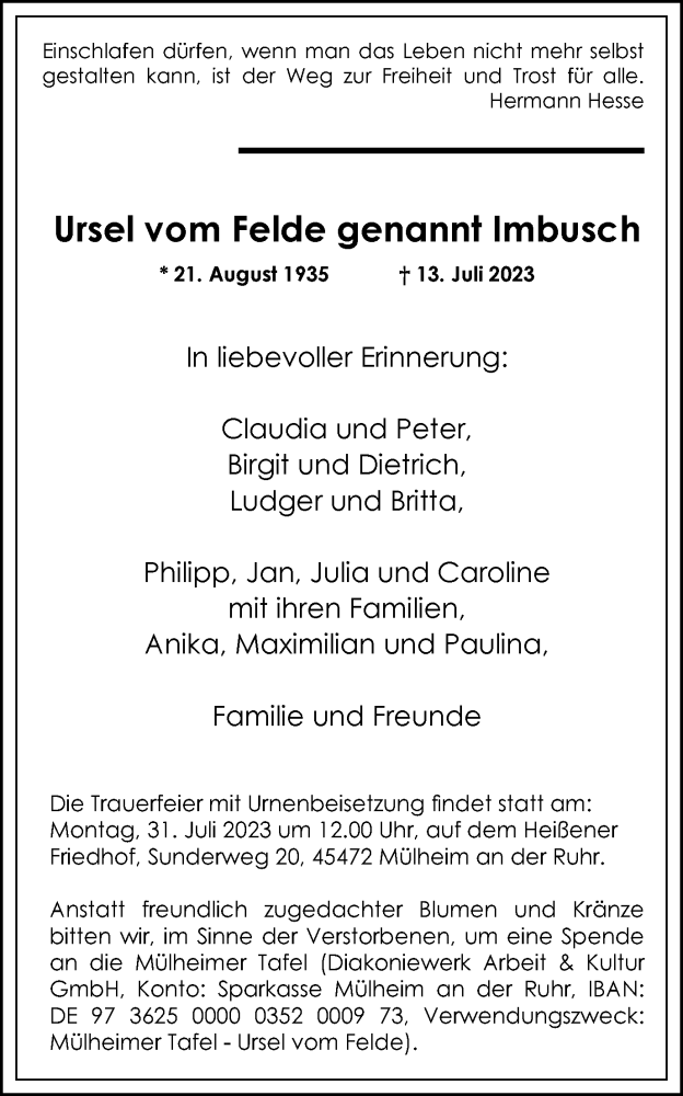  Traueranzeige für Ursel vom Felde genannt Imbusch vom 22.07.2023 aus Tageszeitung