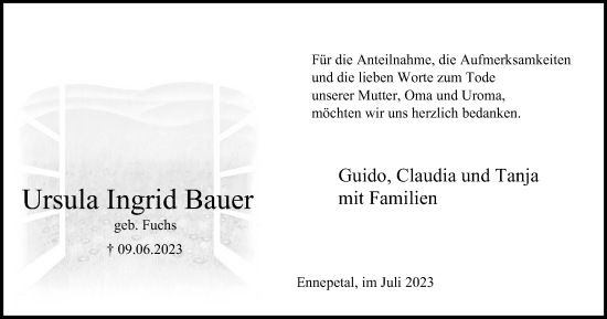 Traueranzeige von Ursula Ingrid Bauer von Tageszeitung