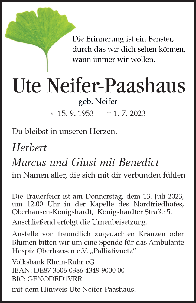  Traueranzeige für Ute Neifer-Paashaus vom 08.07.2023 aus Tageszeitung