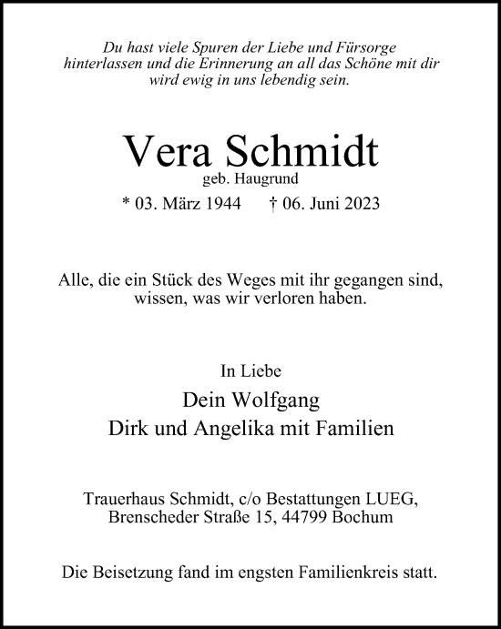 Traueranzeige von Vera Schmidt von Tageszeitung