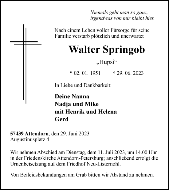 Traueranzeige von Walter Springob von Tageszeitung