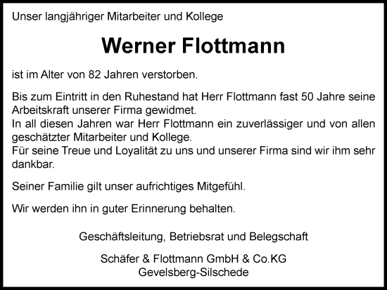 Traueranzeige von Werner Flottmann von Tageszeitung