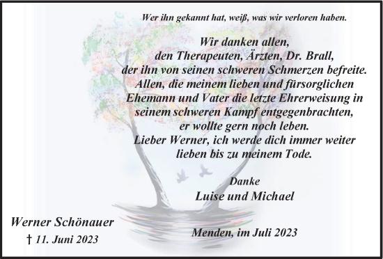 Traueranzeige von Werner Schönauer von Tageszeitung