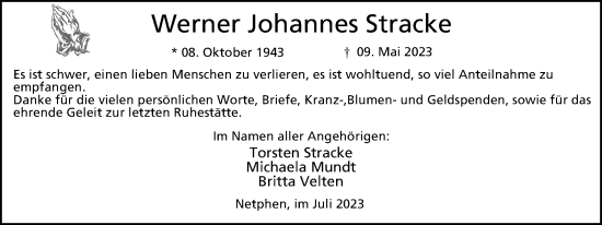 Traueranzeige von Werner Johannes Stracke von Tageszeitung