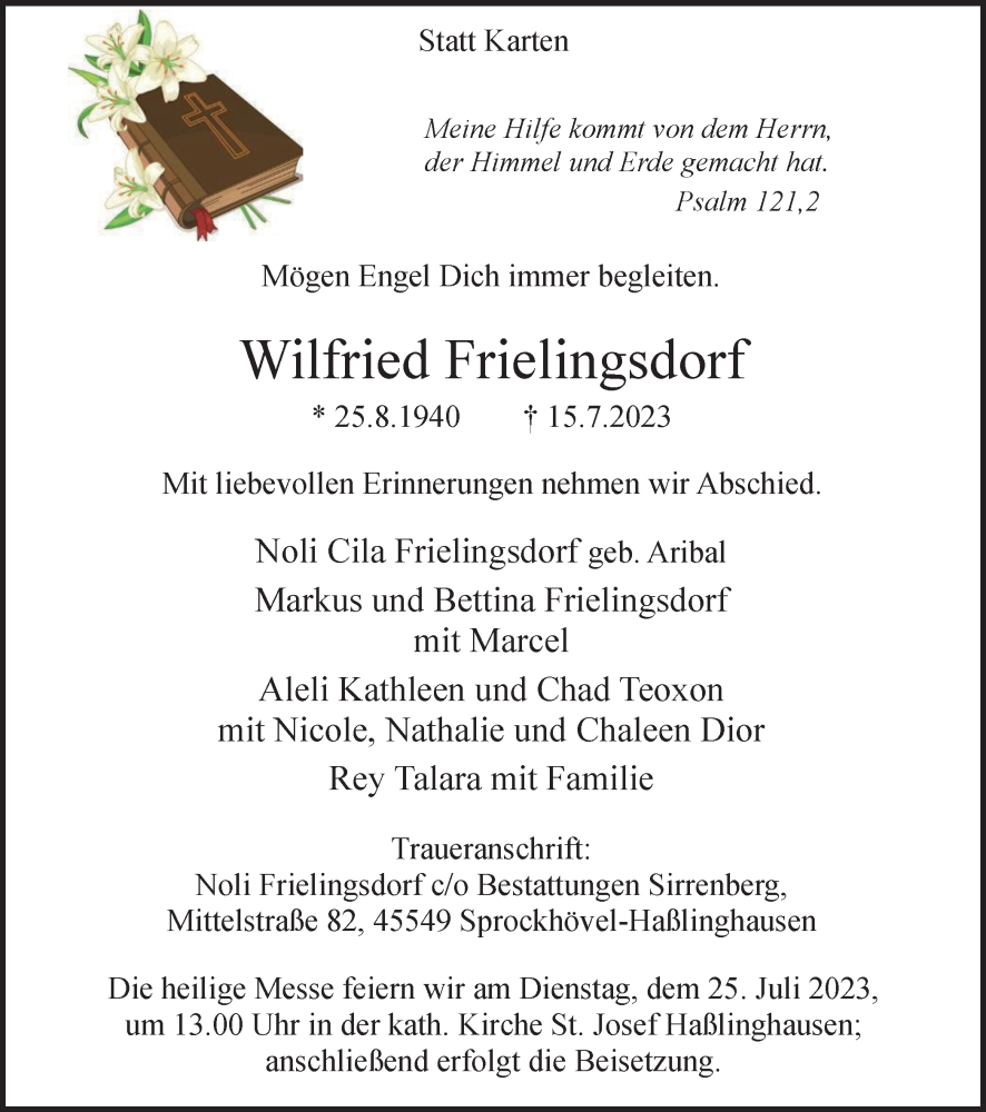  Traueranzeige für Wilfried Frielingsdorf vom 22.07.2023 aus Tageszeitung