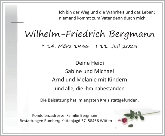 Traueranzeige von Wilhelm-Friedrich Bergmann von Tageszeitung