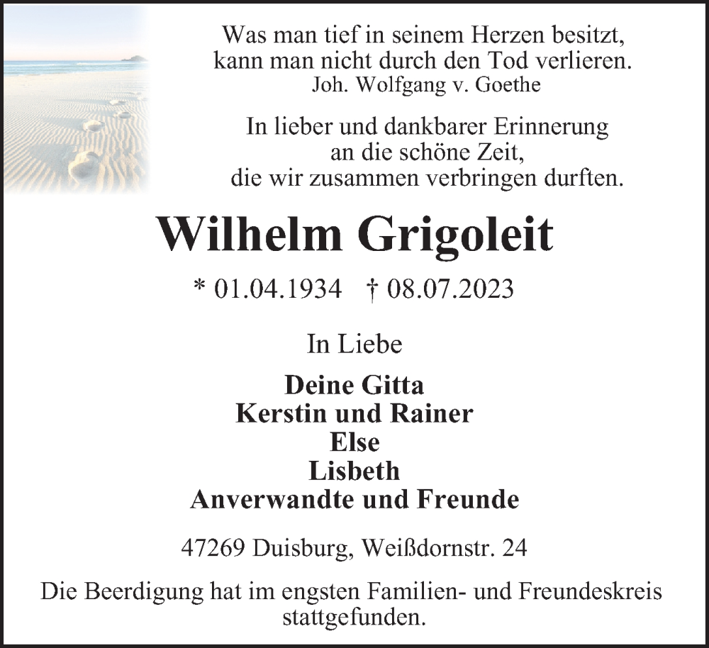 Traueranzeigen von Wilhelm Grigoleit TrauerinNRW.de
