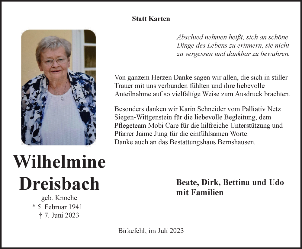  Traueranzeige für Wilhelmine Dreisbach vom 29.07.2023 aus Tageszeitung