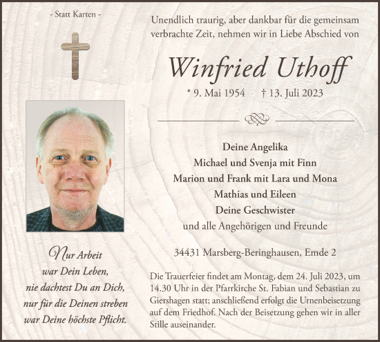 Traueranzeige von Winfried Uthoff von Tageszeitung