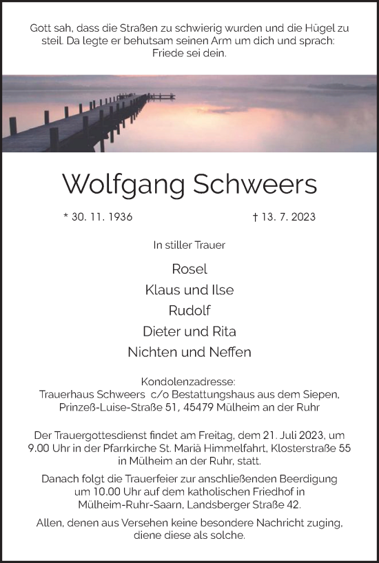 Traueranzeige von Wolfgang Schweers von Tageszeitung
