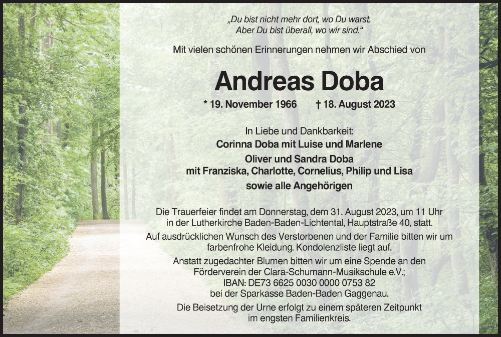  Traueranzeige für Andreas Doba vom 26.08.2023 aus Tageszeitung