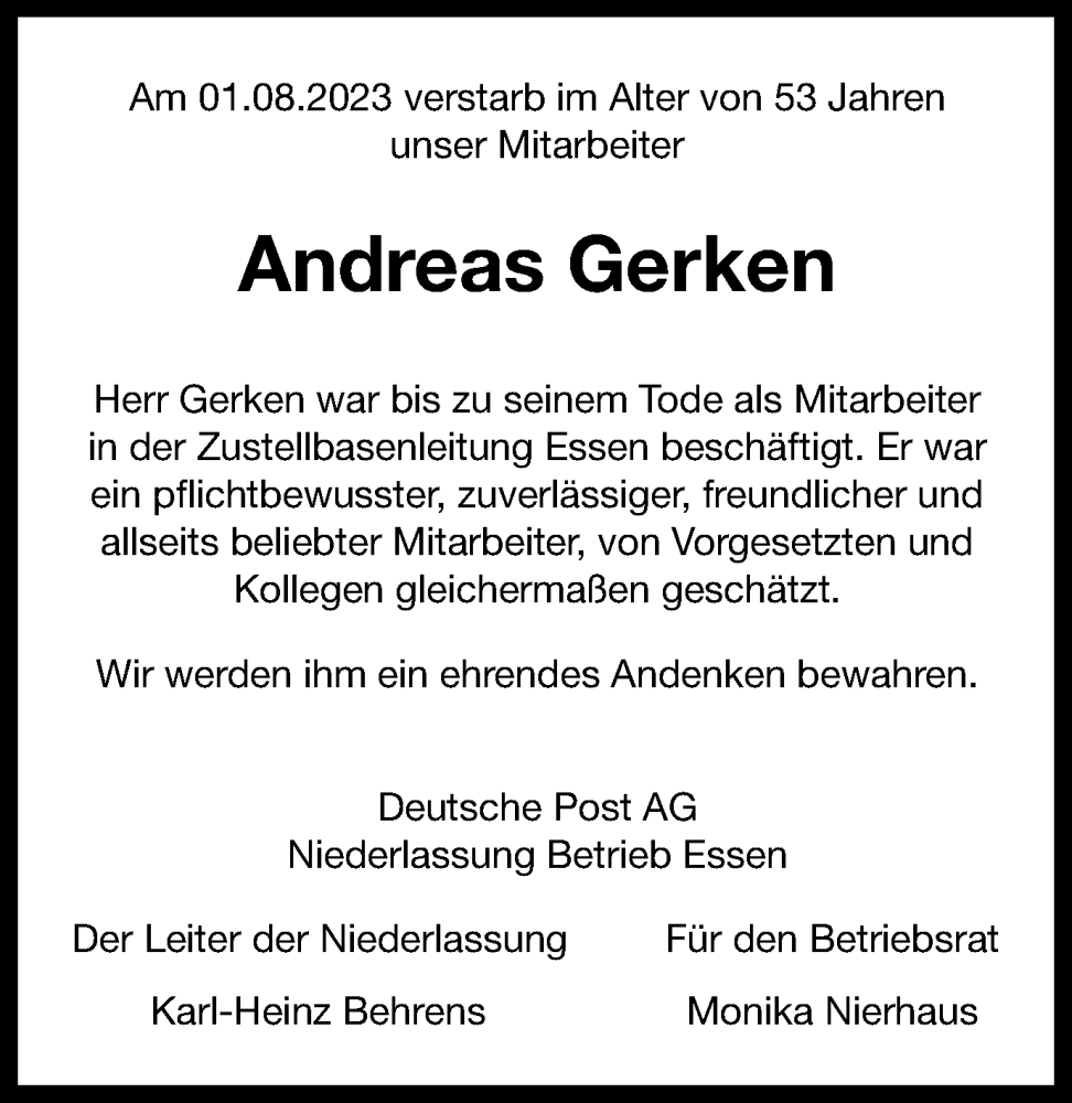  Traueranzeige für Andreas Gerken vom 19.08.2023 aus Tageszeitung