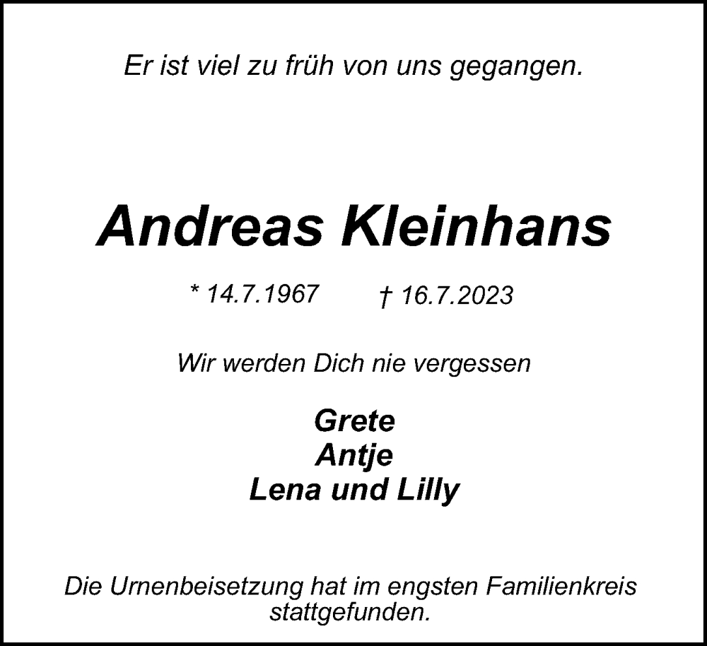  Traueranzeige für Andreas Kleinhans vom 12.08.2023 aus Tageszeitung