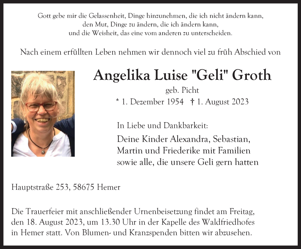 Traueranzeigen von Angelika Luise Groth | Trauer-in-NRW.de