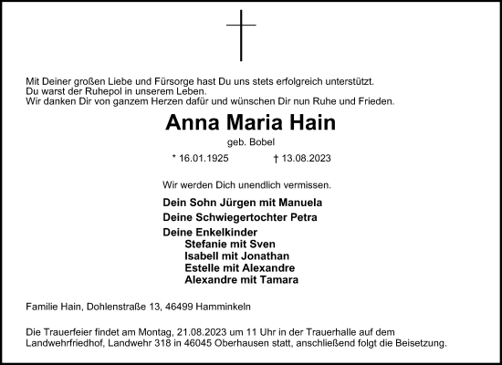 Traueranzeige von Anna Maria Hain von Tageszeitung