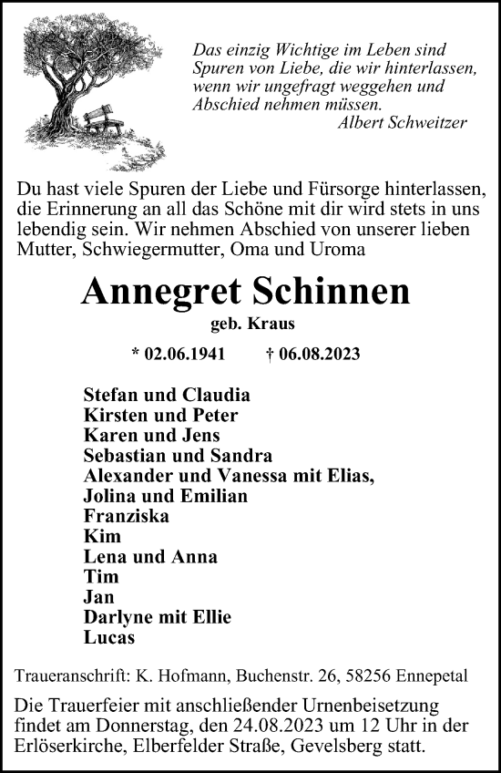 Traueranzeige von Annegret Schinnen von Tageszeitung