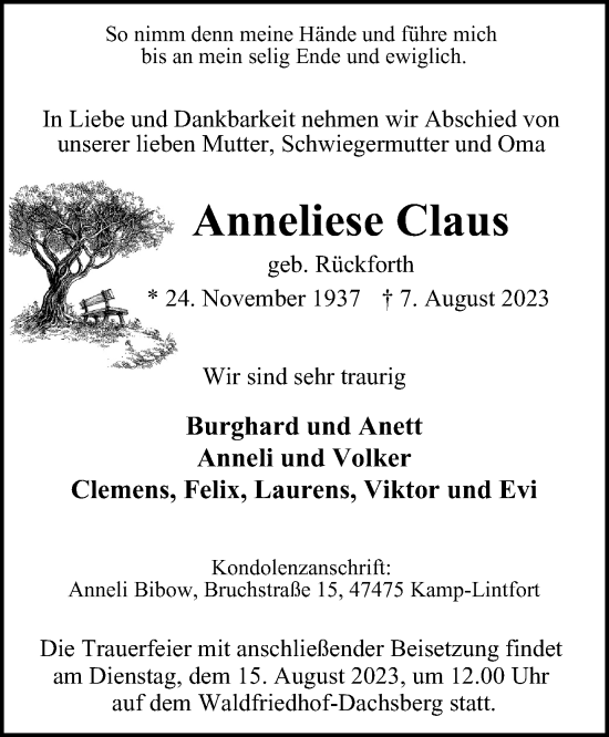 Traueranzeige von Anneliese Claus von Tageszeitung