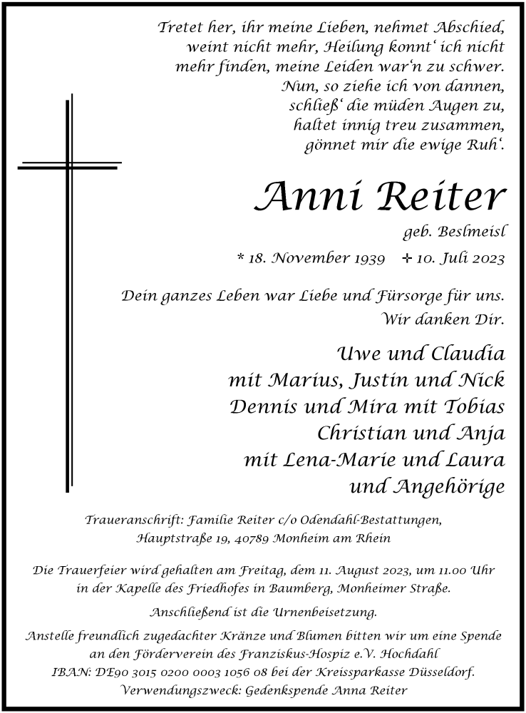  Traueranzeige für Anni Reiter vom 05.08.2023 aus Tageszeitung