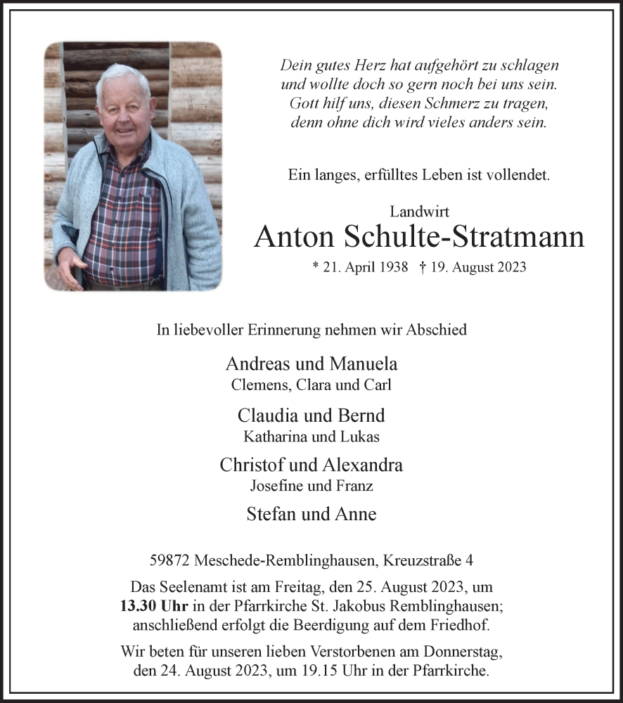  Traueranzeige für Anton Schulte-Stratmann vom 23.08.2023 aus Tageszeitung