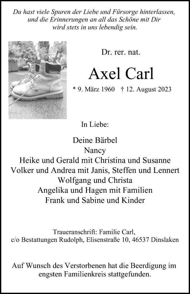  Traueranzeige für Axel Carl vom 26.08.2023 aus Tageszeitung