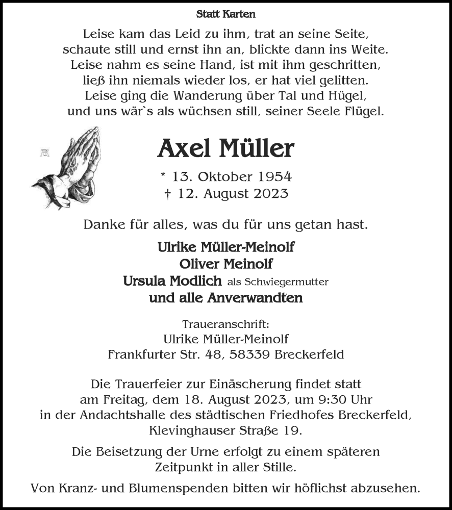  Traueranzeige für Axel Müller vom 16.08.2023 aus Tageszeitung