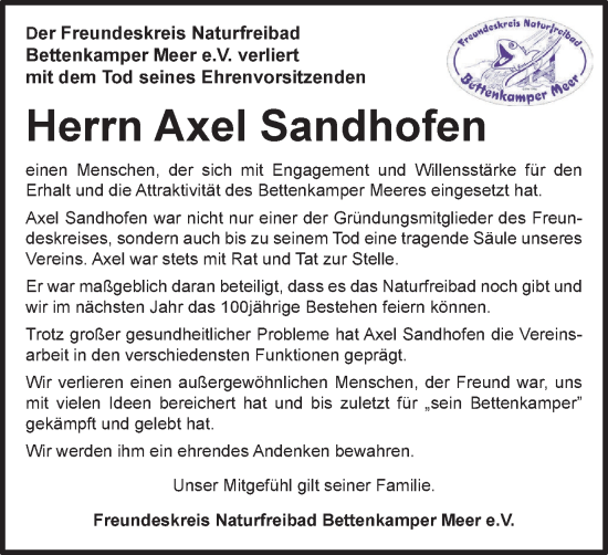 Traueranzeige von Axel Sandhofen von Tageszeitung