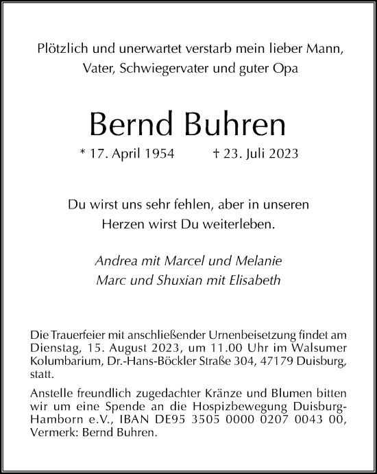 Traueranzeige von Bernd Buhren von Tageszeitung