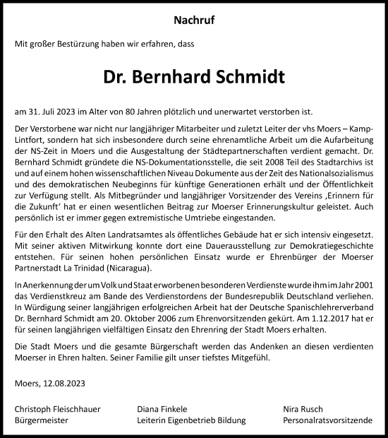Traueranzeige von Bernhard Schmidt von Tageszeitung