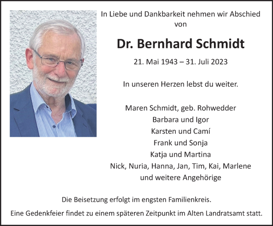 Traueranzeige von Bernhard Schmidt von Tageszeitung